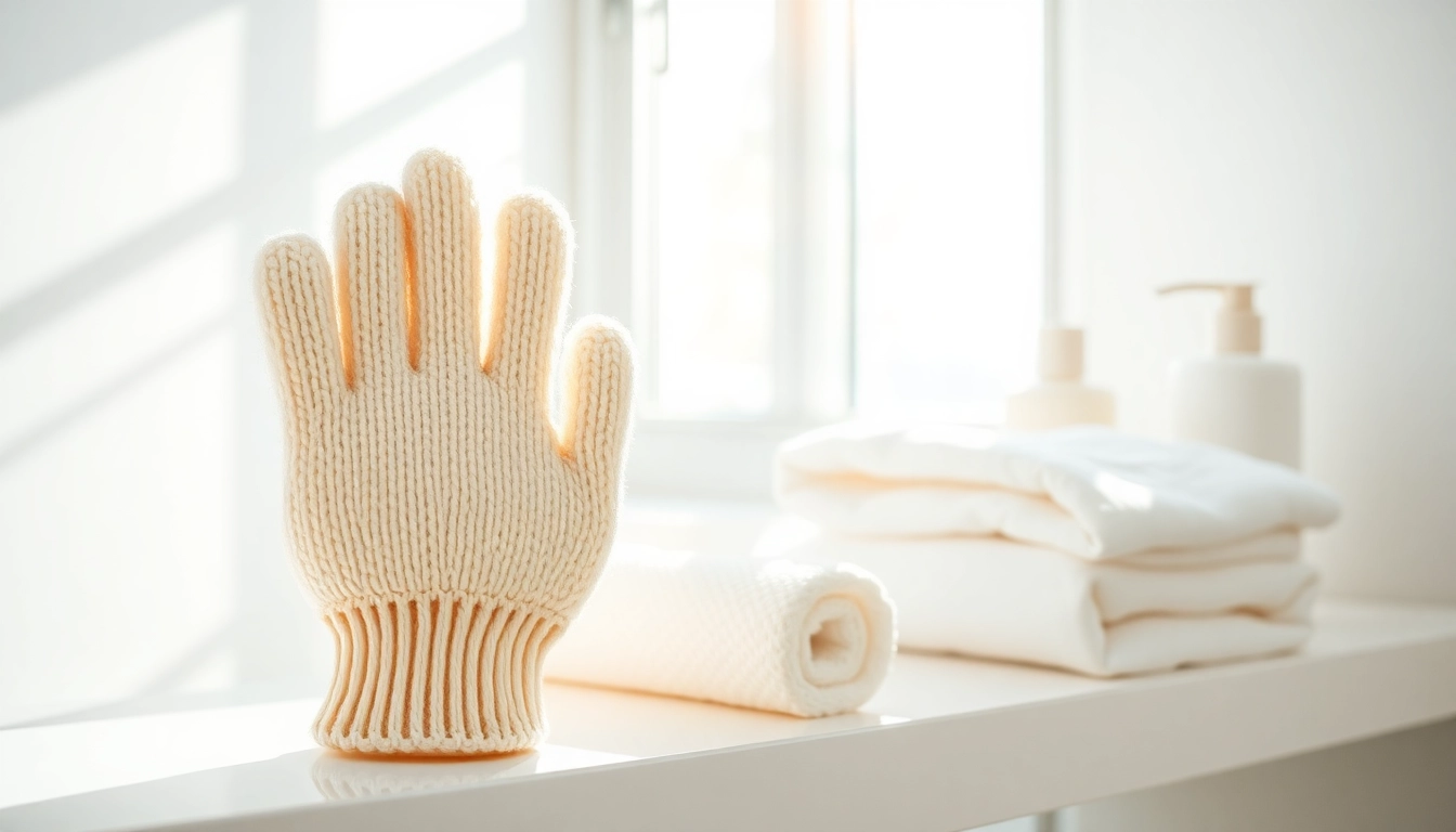 Hand loofah glove showcased elegantly on a bathroom shelf with natural decor elements.