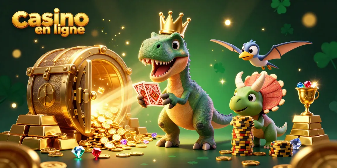 La scène animée représente un T-Rex jouant aux cartes dans un casino en ligne, entouré de trésors.