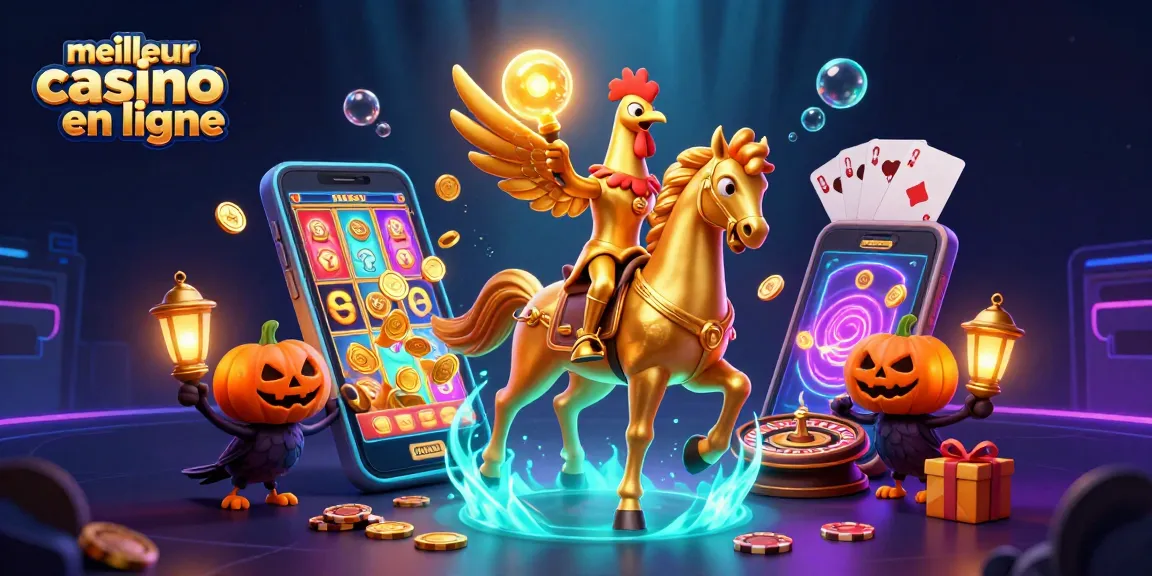 Visualisez le meilleur casino en ligne avec un coq doré portant sa tête lumineuse, captivant l’univers des jeux.