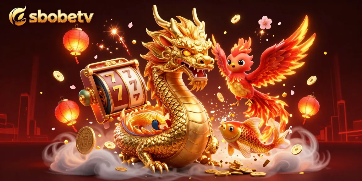 Experience thrilling gaming with sbobetv as a golden dragon and phoenix soar through vibrant casino elements.