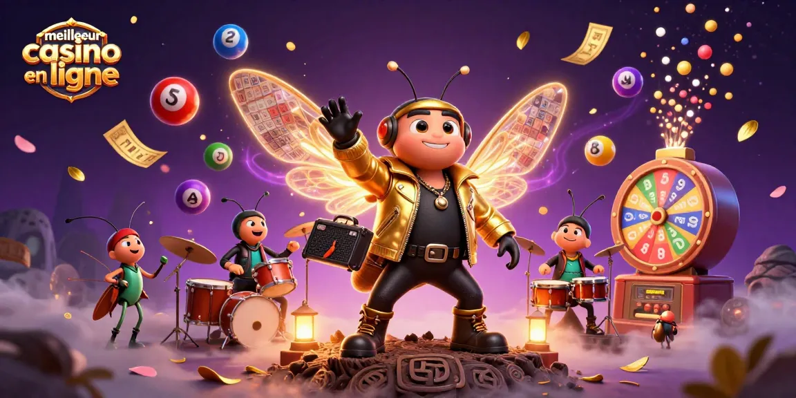 Célébrez le meilleur casino en ligne avec une scène animée de la rock star cicada et des ballons de loterie colorés.