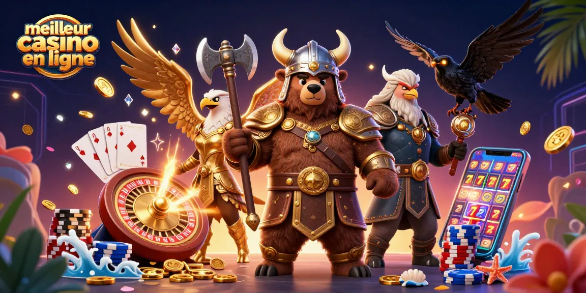 Découvrez le meilleur casino en ligne avec ce viking et son aigle valkyrie entourés de pièces d'or et de cartes.