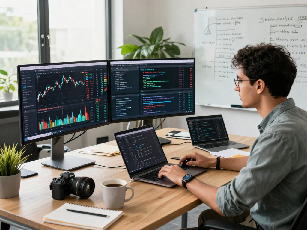 Real-time analysis of the India quant trading stock API in a modern fintech workspace with developers collaborating.