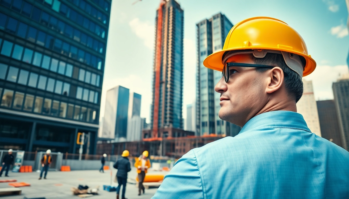 Manhattan Construction Manager supervising a bustling construction site, showcasing teamwork and progress.