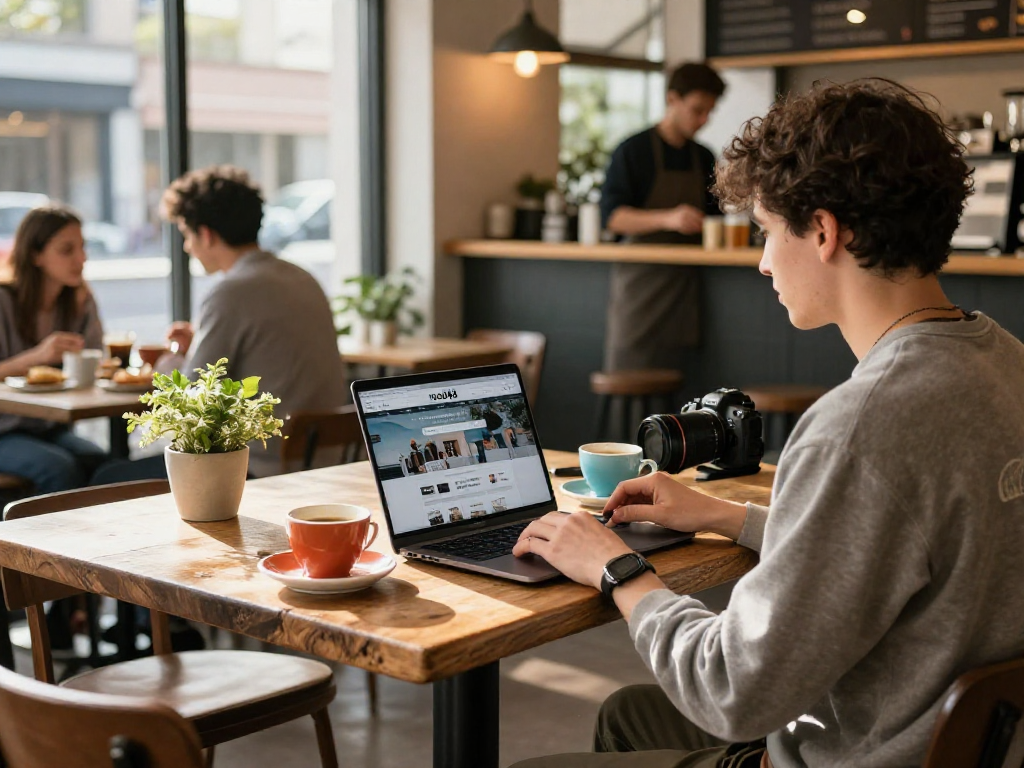 Engaged customer browsing rokok88 at a cozy urban café, surrounded by coffee and pastries.