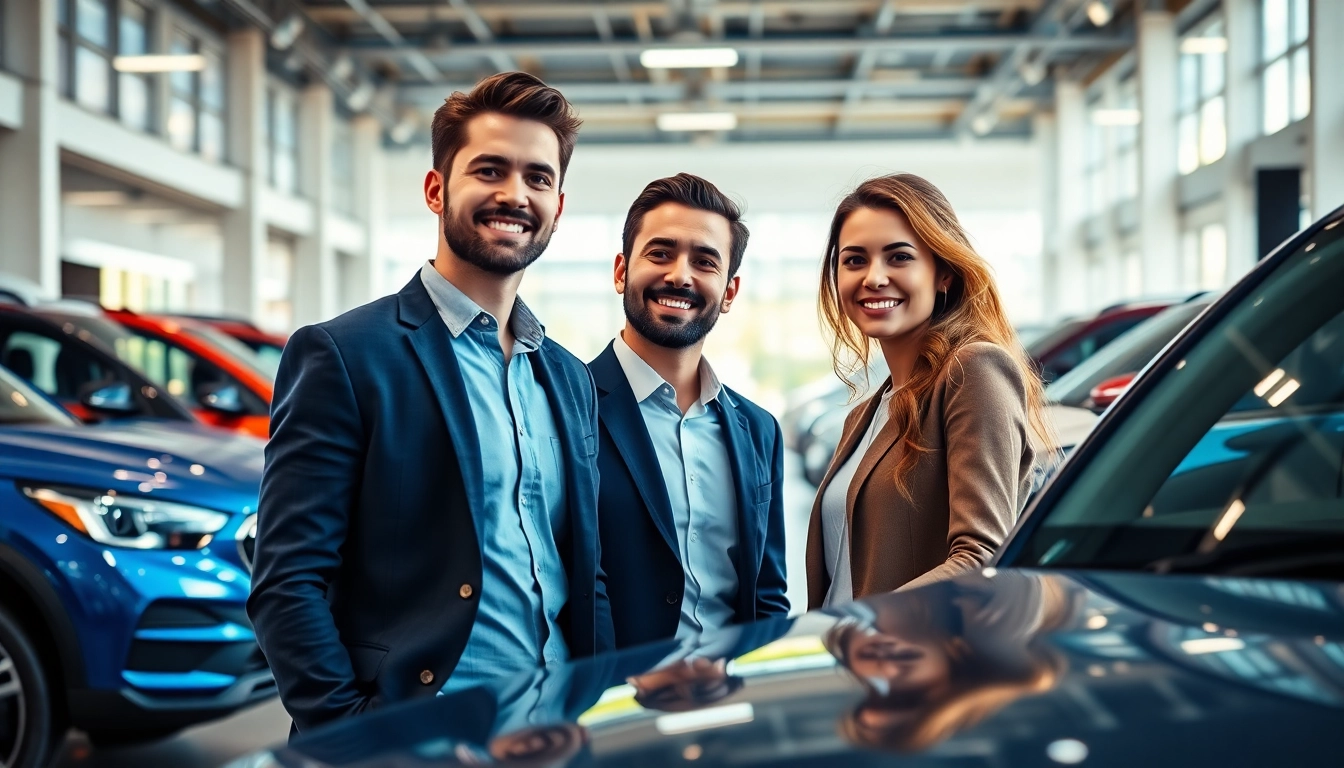 Couple evaluating options to Buy a car at a dealership, surrounded by various models.