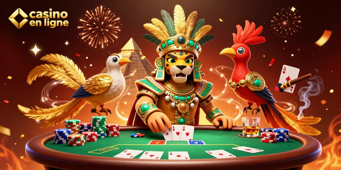 Dans un casino en ligne, le prêtre jaguar mayan célèbre avec des jeux de cartes et des jetons colorés.