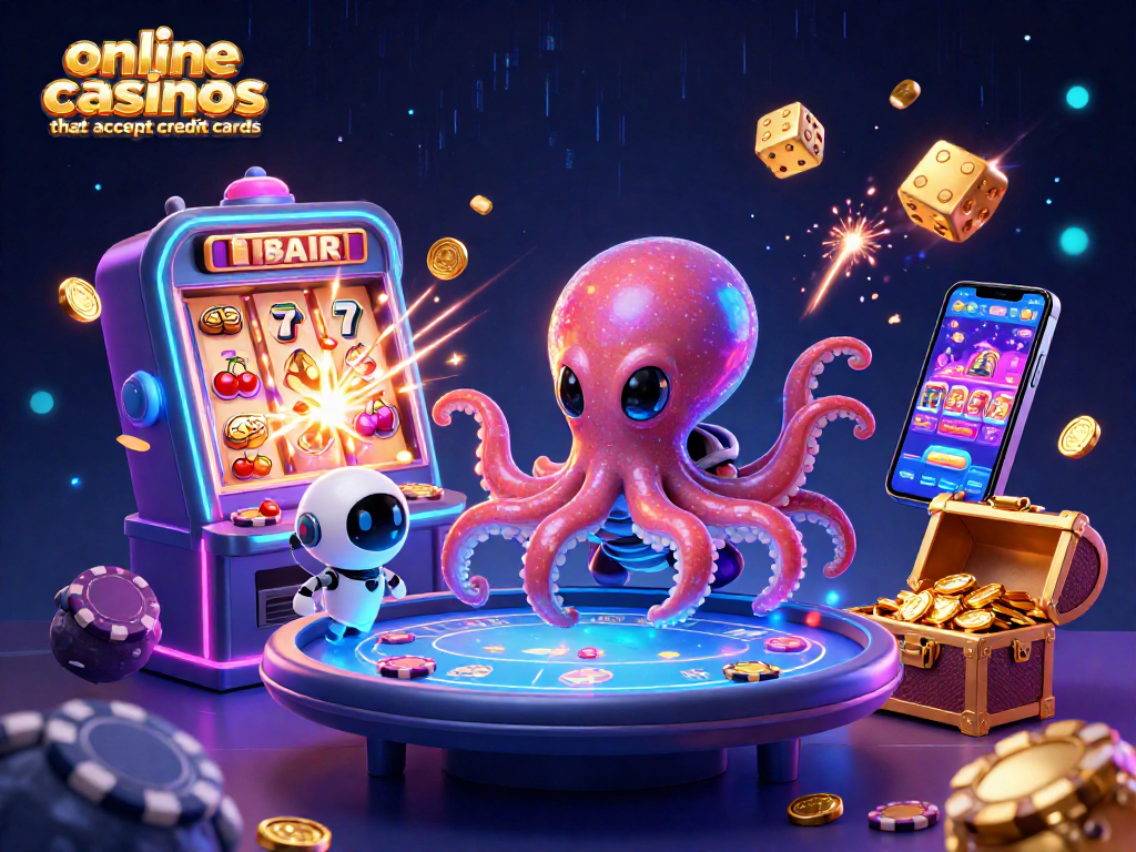 Engaging illustration of online casinos that accept credit cards, featuring an alien octopus at a holographic poker table with vibrant casino elements.