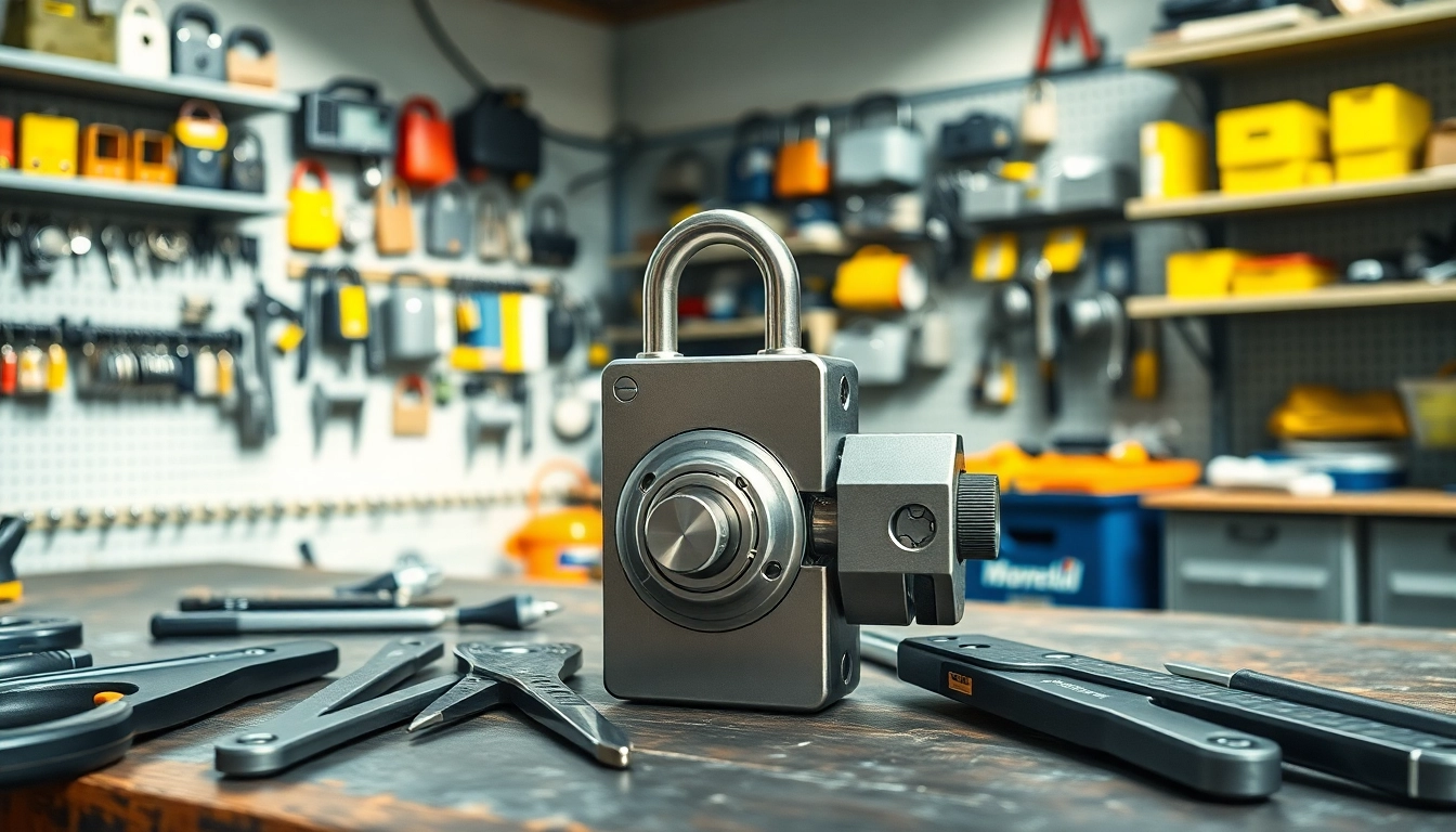 Locksta Sicherheitssystem auf einem Arbeitsplatz, umgeben von Werkzeugen und Sicherheitsgeräten.
