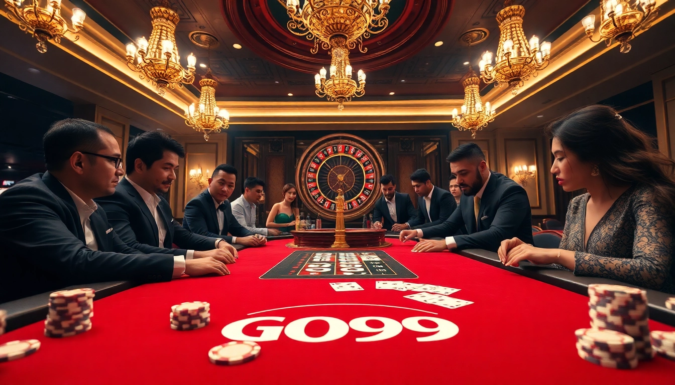 Players enjoying the thrill of GO99 branded poker at a luxurious casino table.