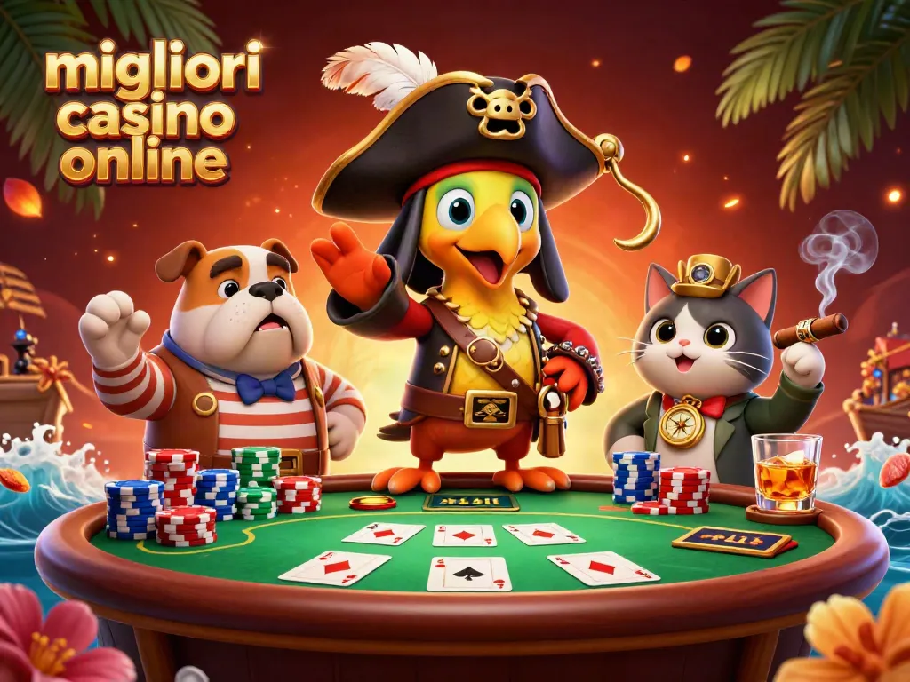 I migliori casino online presentano un'illustrazione vivace con un capitano pappagallo e un bulldog, mentre giocano a poker sul tavolo.