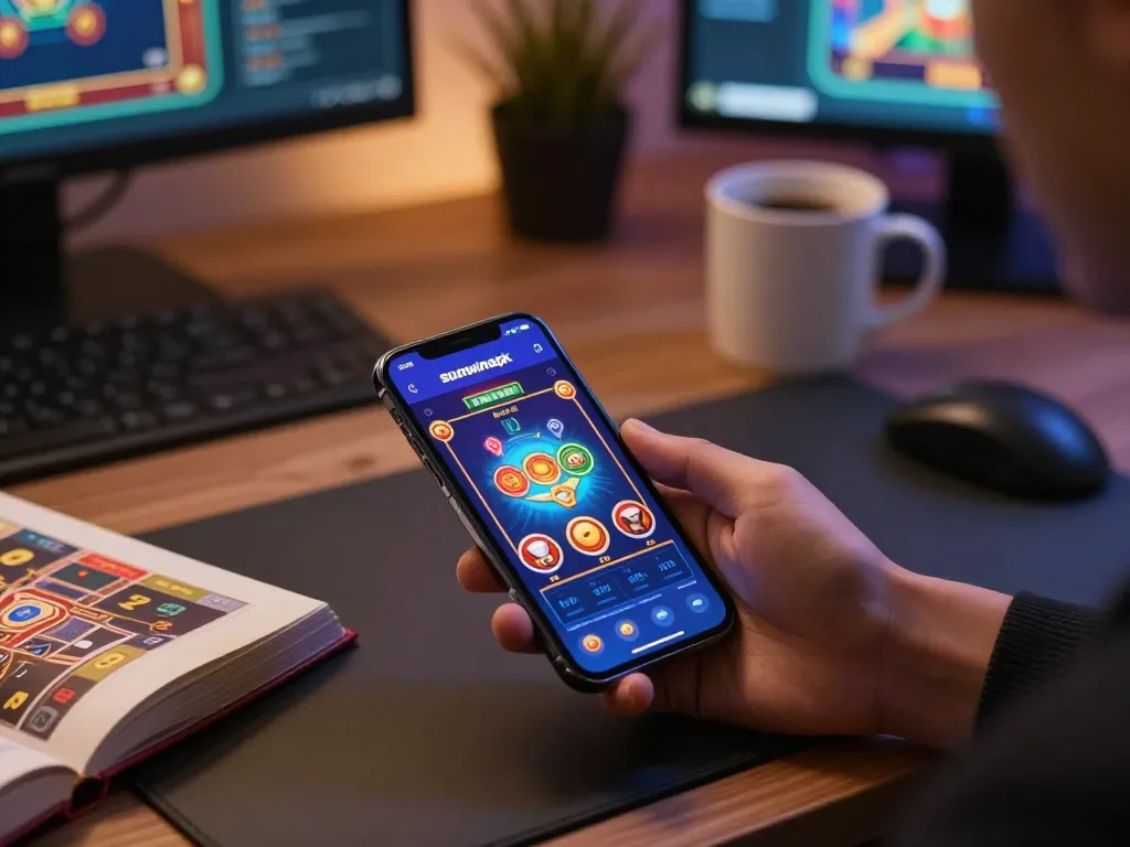 Engaging with the sunwinapk mobile app on a sleek smartphone in a cozy gaming setup.
