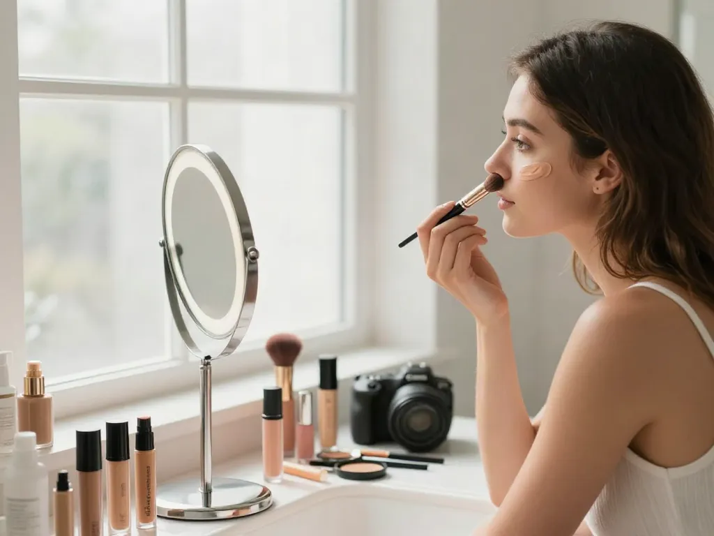 Die junge Frau deckt Augenringe ab und verwendet Concealer in einem modernen Badezimmer.