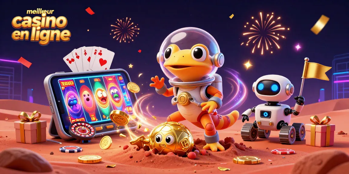 Profitez des meilleures expériences de jeu avec le meilleur casino en ligne, illustré par un lézard martien et des éléments de casino.