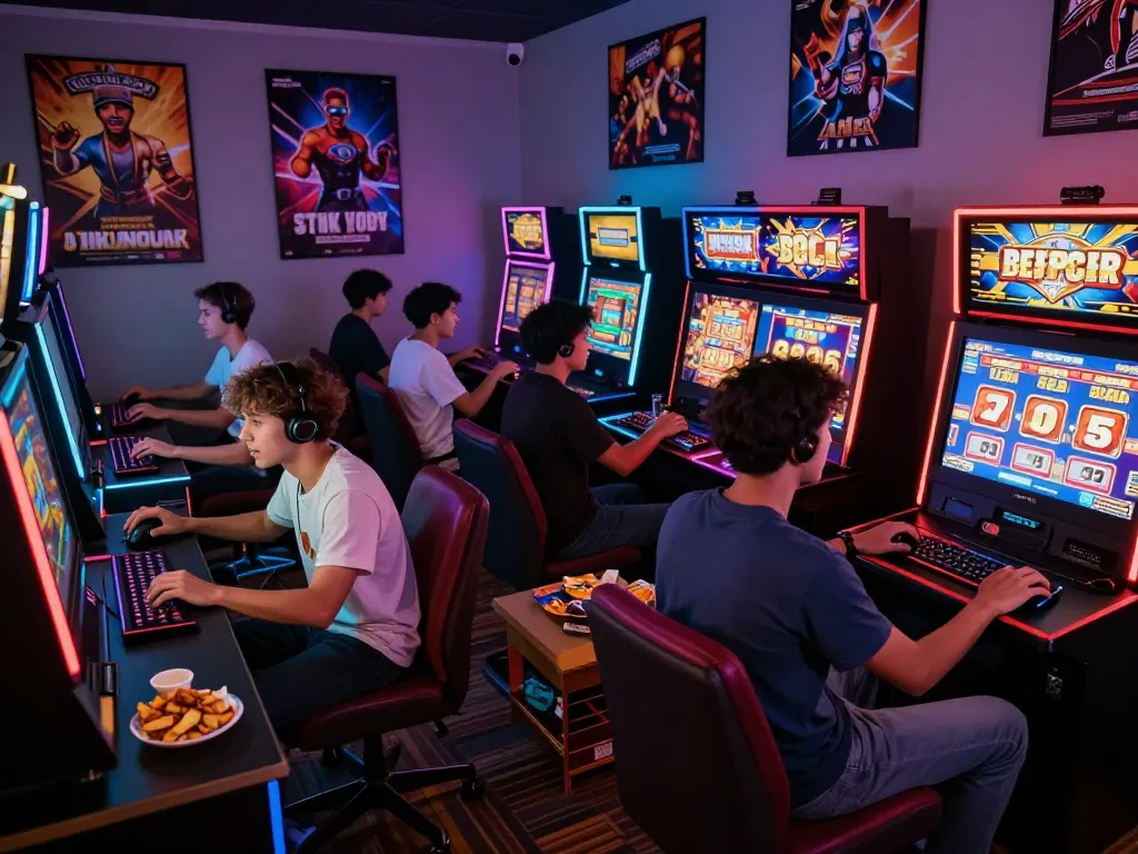 Teman-teman menikmati link gacor bersama di lounge permainan yang elektrik, menampilkan kegembiraan dengan layar yang vibrant dan suasana yang nyaman.