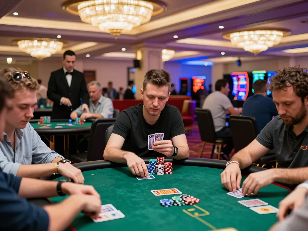 Engaged poker players at a high-stakes tournament, showcasing strategy and focus in a sophisticated casino environment with sunwinapk.