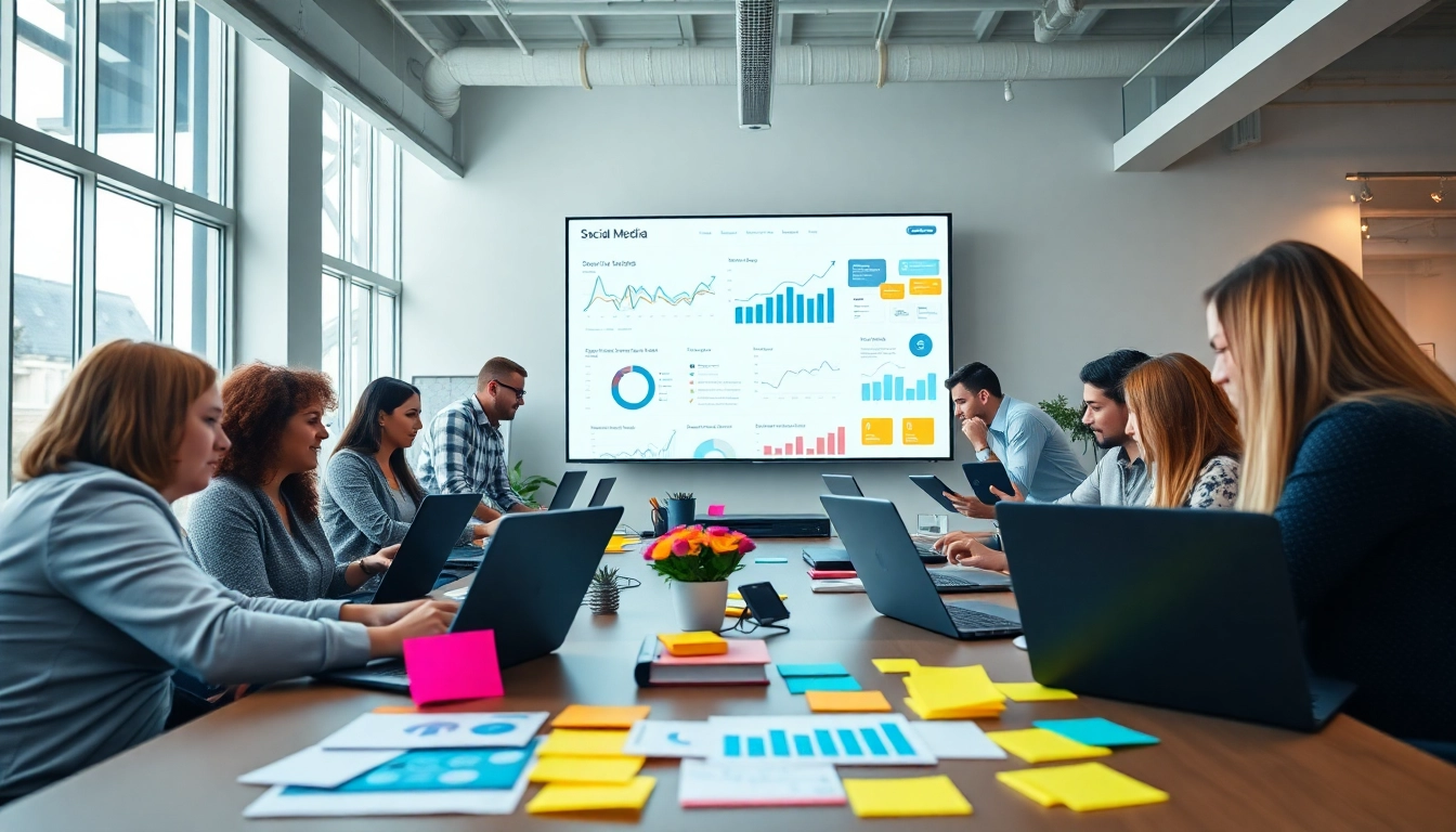 Engaging team collaborating on smm services analytics in a modern office