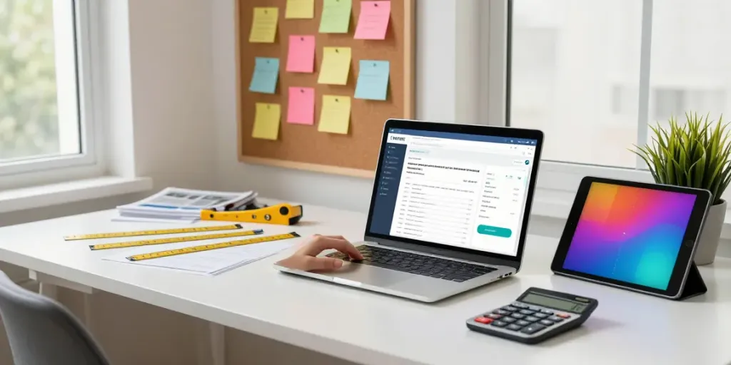 Calculator online in a modern workspace with a laptop and measuring tools.