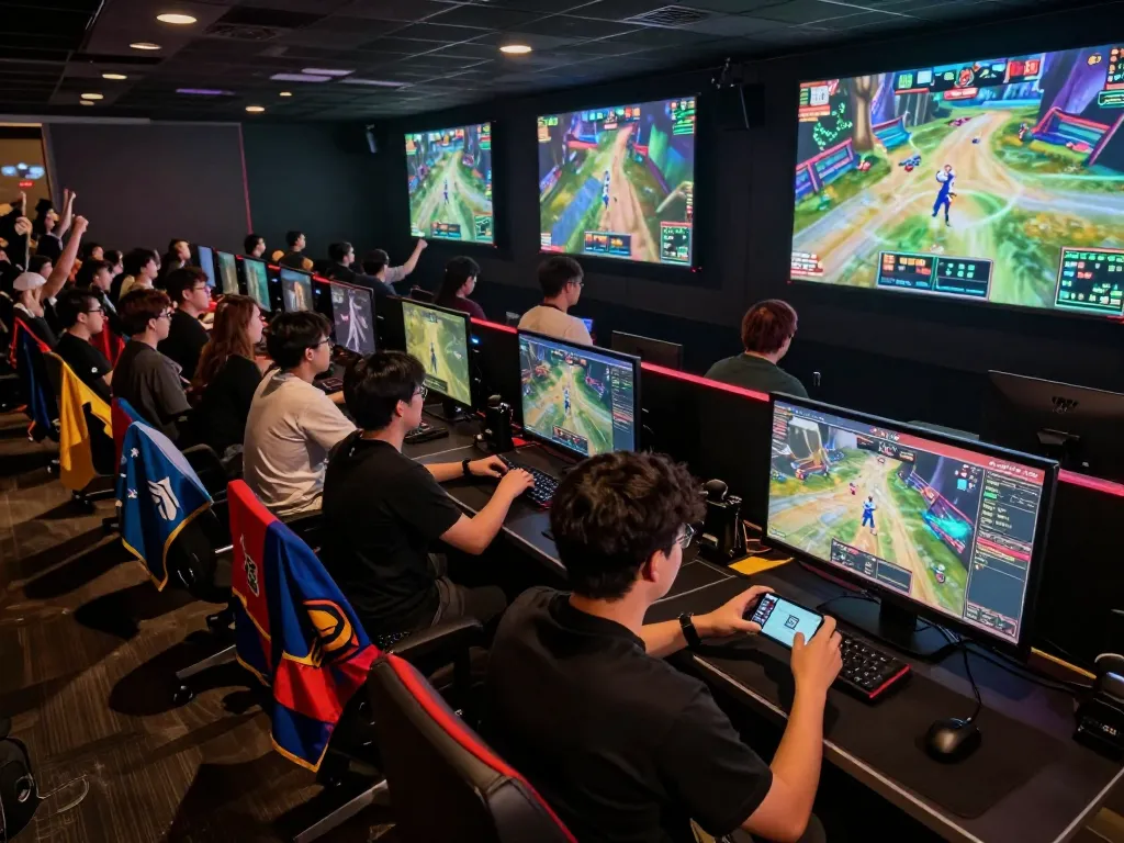 Engaged esports fans at the NDDO arena, enthusiastically placing bets on mobile devices.