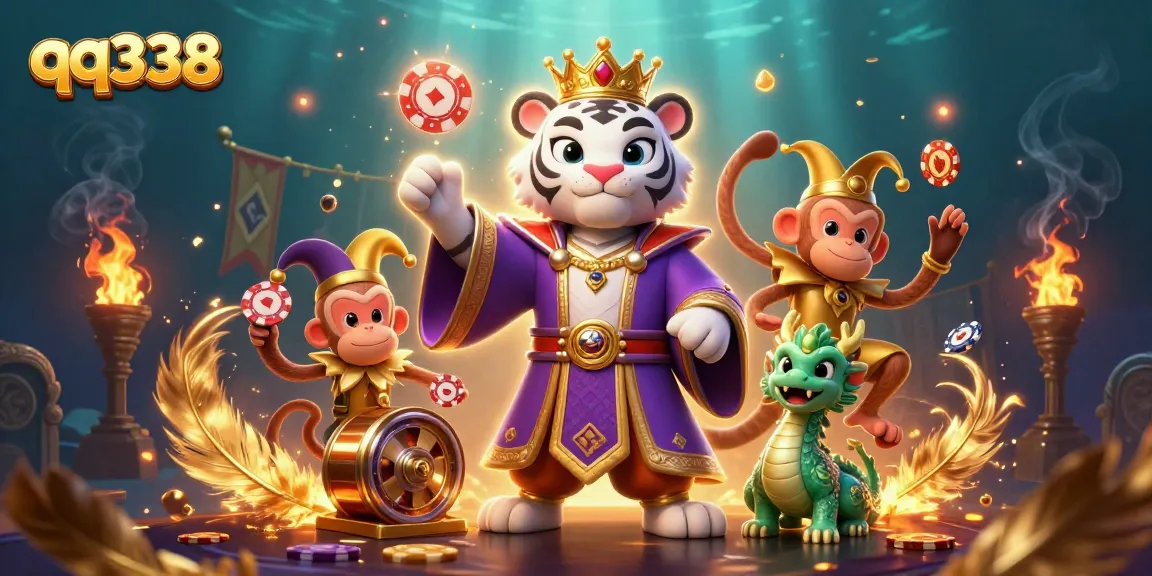 Engage with qq338's vibrant 3D casino scene featuring a royal tiger and playful monkey, showcasing exciting gameplay.