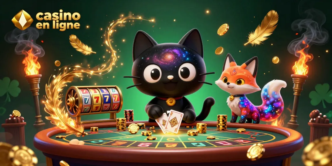 Casino en ligne: Plongez dans un univers cosmique de jeux avec notre chat trou noir attirant les jetons d'or.