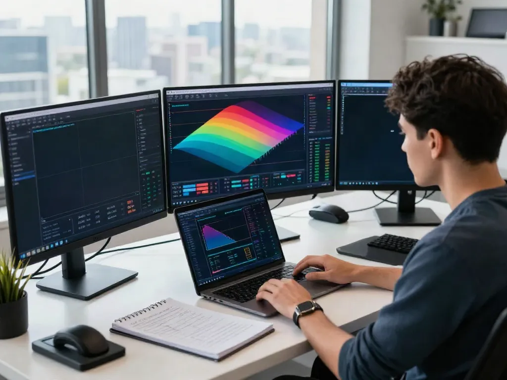 Professional trader analyzing market trends and trading signals on MetaTrader 5 in a dynamic workspace.