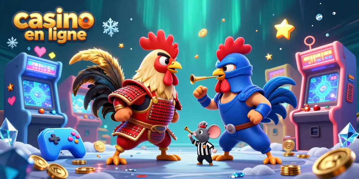Visitez casino en ligne avec un duel de coqs en armure et des éléments de jeu colorés.