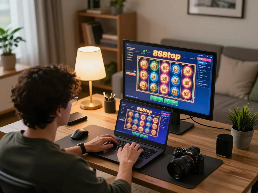 Engaged user playing slot games on 888top, showcasing online gaming atmosphere and strategic gameplay.