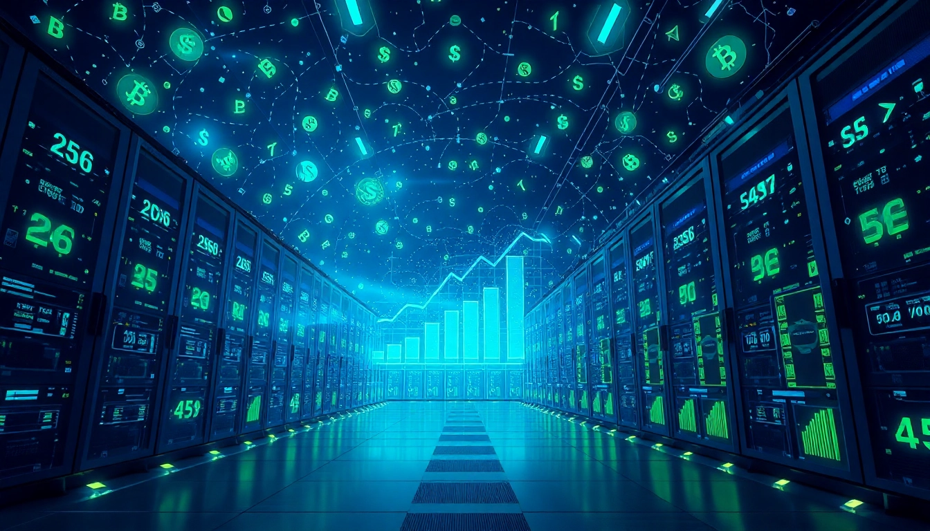 Top cloud mining depicted in a futuristic digital landscape with vibrant data centers.