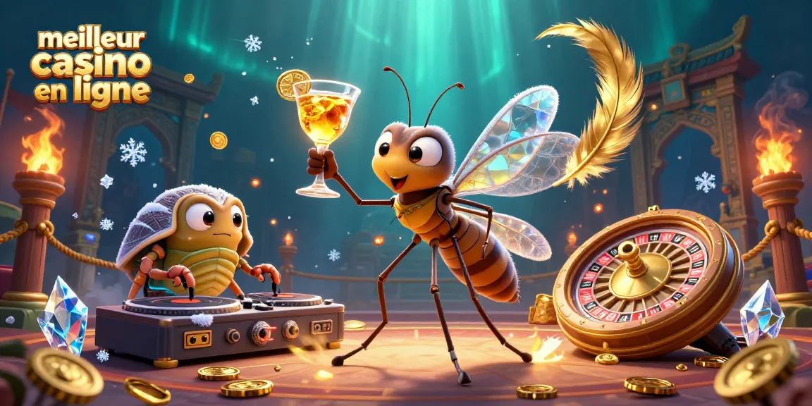 Illustration d'un meilleur casino en ligne avec un moustique mascotte et un DJ trilobite en fête.