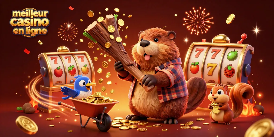Illustrez le meilleur casino en ligne avec un castor menuisier et des gains en or dans un style dynamique.
