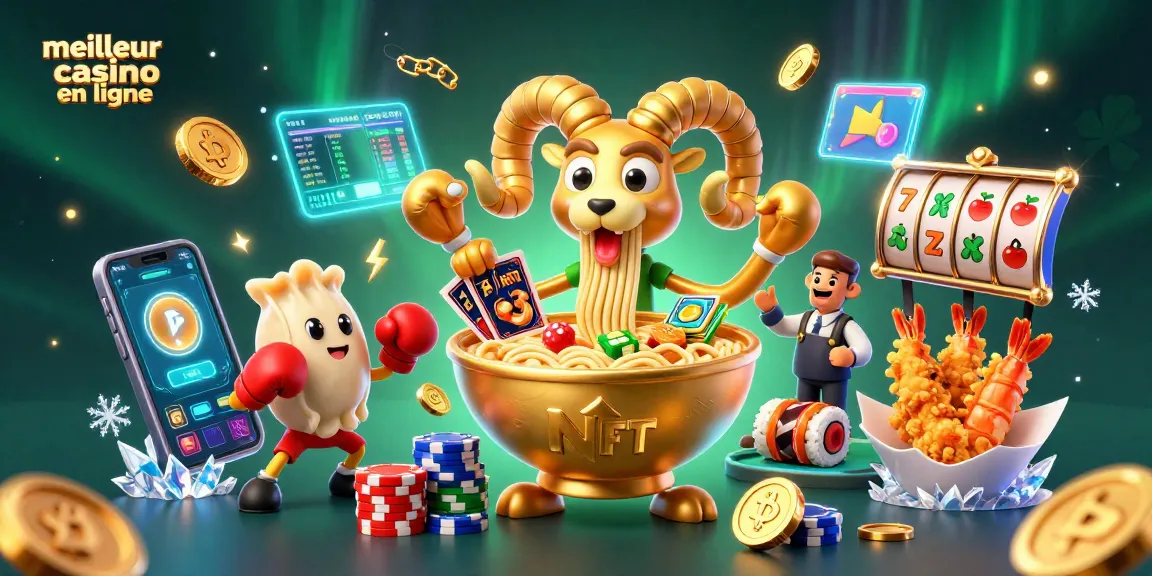 Le meilleur casino en ligne animant des personnages de ramen et de sushi, entourés de pièces de crypto-monnaie.