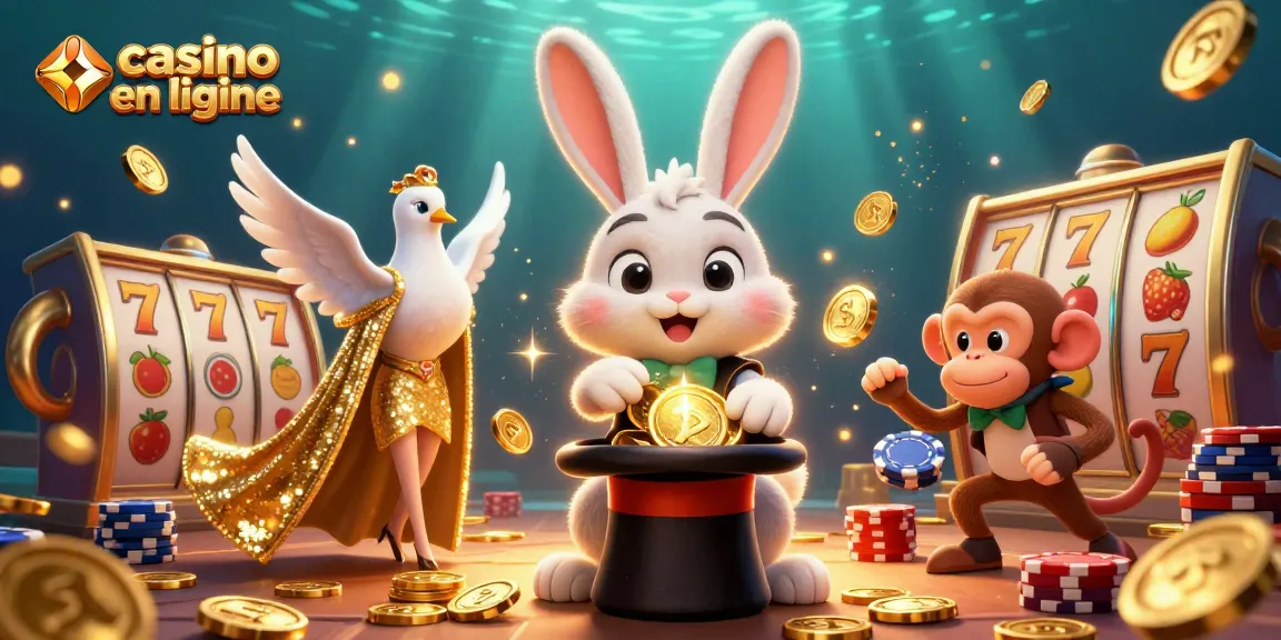Illustration de casino en ligne avec un lapin magicien, des pièces d'or et des symboles de machine à sous.
