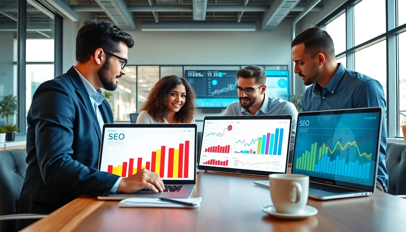 Visualize SEO performance with a collaborative team analyzing data and growth metrics in an office setting.