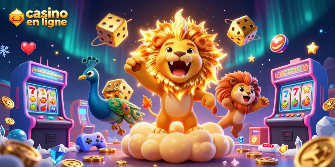 Jouez au casino en ligne avec ce lion cartoon brillant entouré de dés d'or et de machines à sous animées.