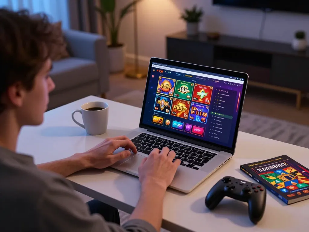Engaging in casino online esteri, player focusing on gaming laptop in cozy home setting.