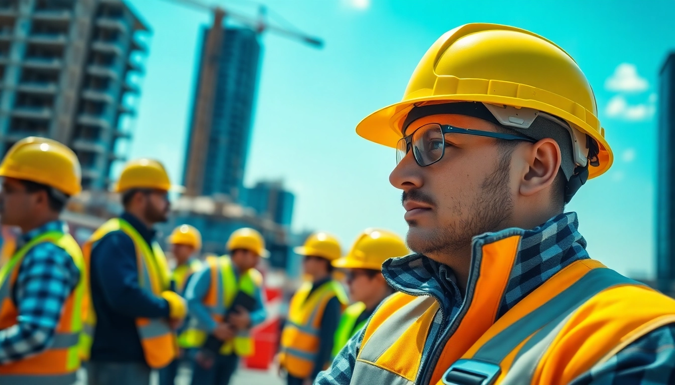 Implementing construction site safety protocols with workers diligently equipped for protection.