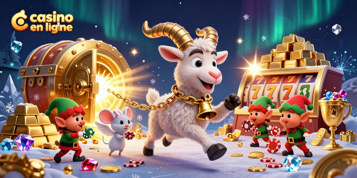 Plongez dans l'univers du casino en ligne avec une illustration captivante d'un Krampus enchaîné, flanqué d'un petit ange et de gremlins.