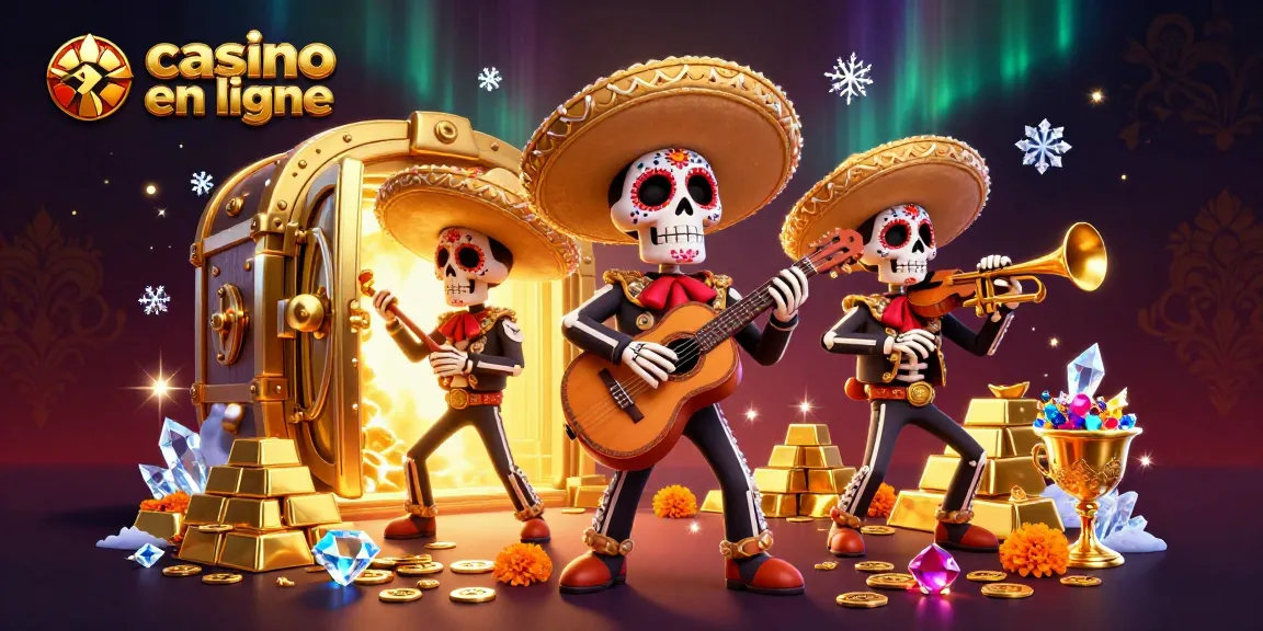 Découvrez le casino en ligne avec une illustration 3D dynamique représentant une fête colorée avec des joyaux et des pièces d'or.