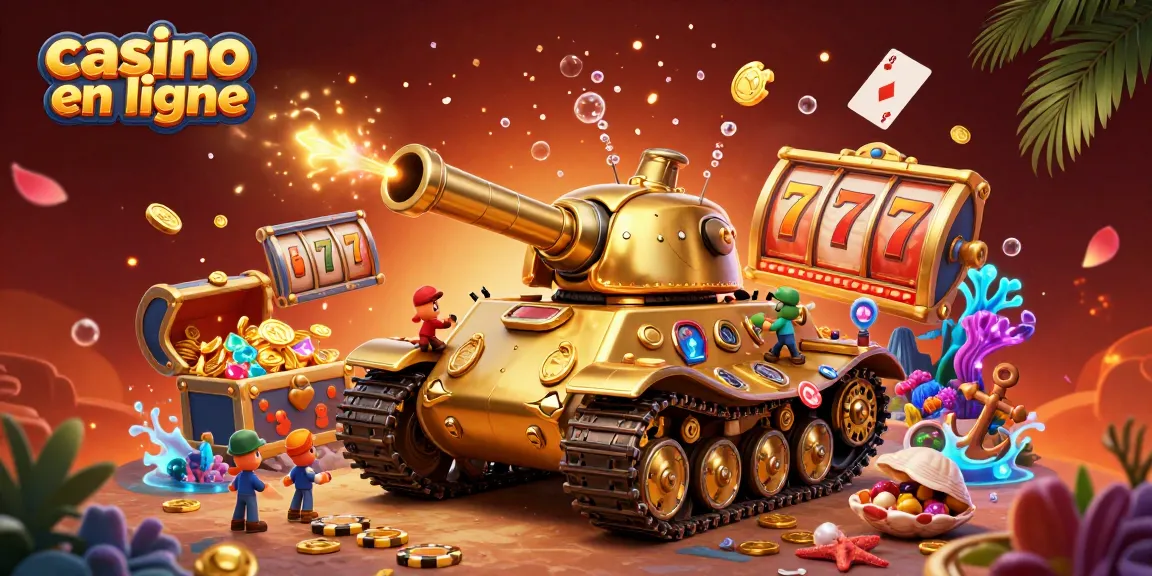 Illustration dynamique d'un casino en ligne miniature dans un tank en or, rempli de confettis et de jeux d'argent.