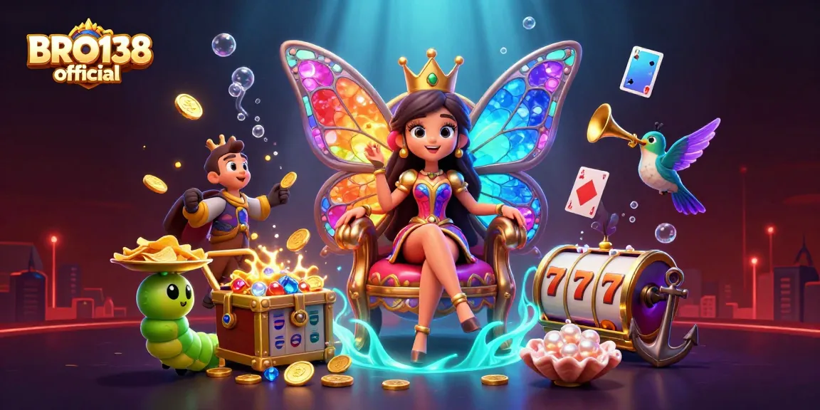 BRO138 official features an enchanting butterfly queen and golden chips in a vibrant casino scene.