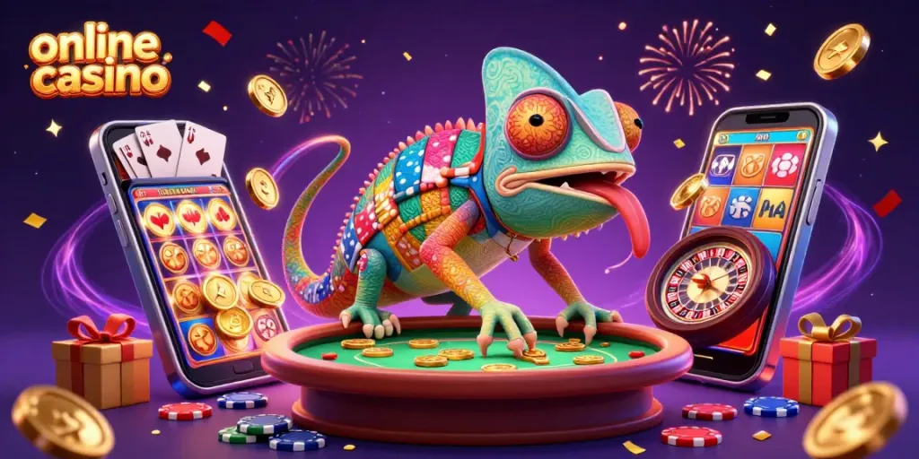 Disfruta de juegos en un casino online mientras el dueño camaleón captura monedas doradas.
