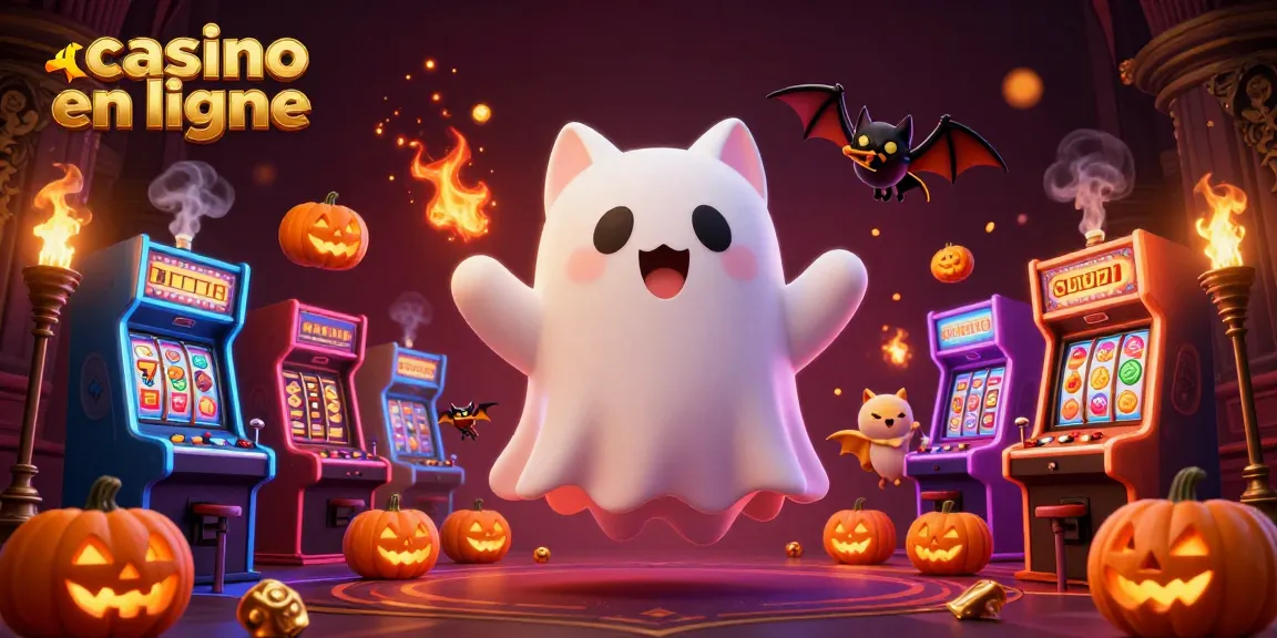 Jouez dans un casino en ligne animé avec un chat fantôme et une chauve-souris, illuminés par des jack-o'-lanterns.
