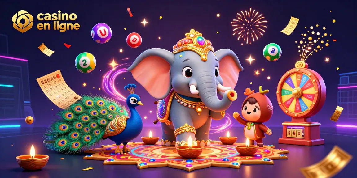 Rejoignez le casino en ligne avec notre illustration festive d'un éléphant et un paon.