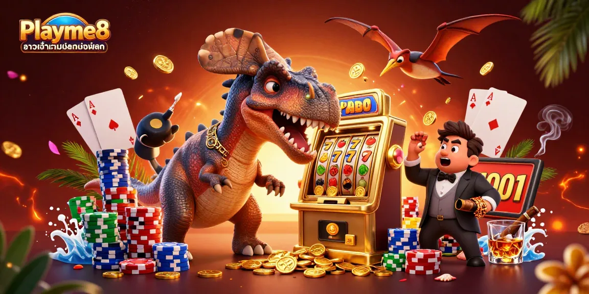 การเล่นสล็อตแบบ Playme8 ทางเข้าเว็บตรงมือถือ ขณะที่ตัวละครคาสิโนต่อสู้กับเครื่องสล็อตเพื่อคว้าเหรียญทองคำ