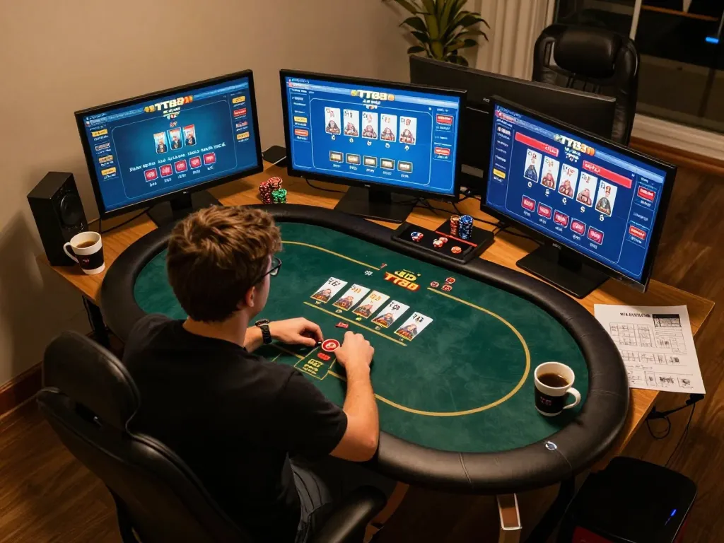 Engage in strategic online gambling with tt88's exciting poker action and immersive gaming setup.