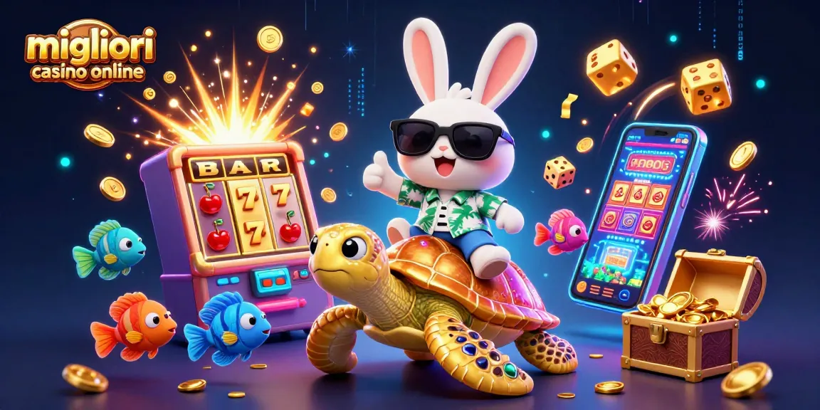 Scopri i migliori casino online con un coniglio fortunato e una tartaruga dorata in un'illustrazione vibrante.