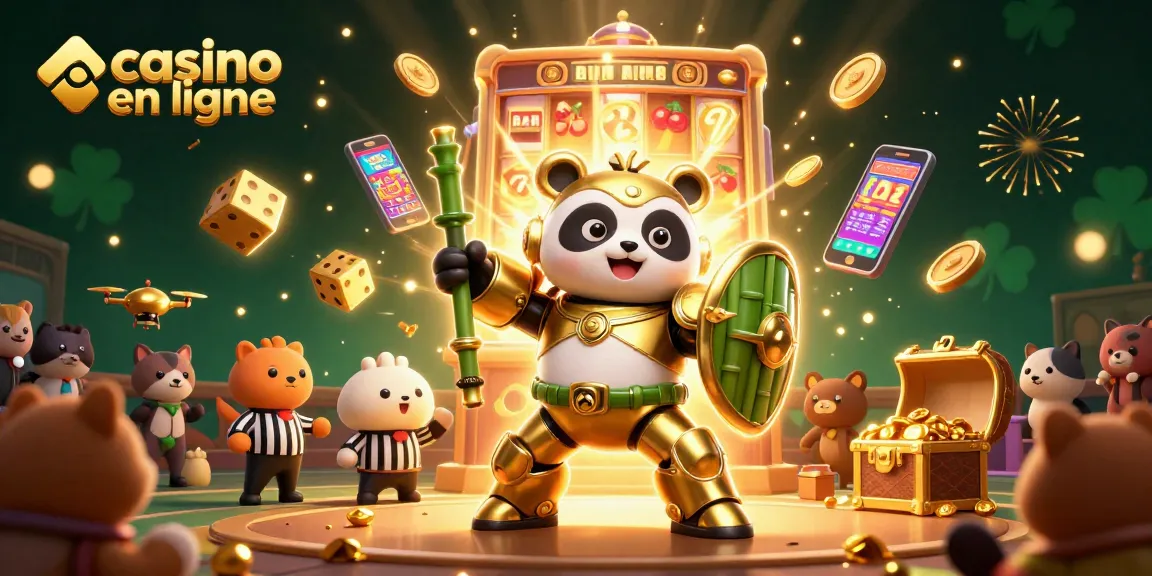 Illustration animée montrant un panda doré en mech avec un robot piloté en compétition, pour le casino en ligne.