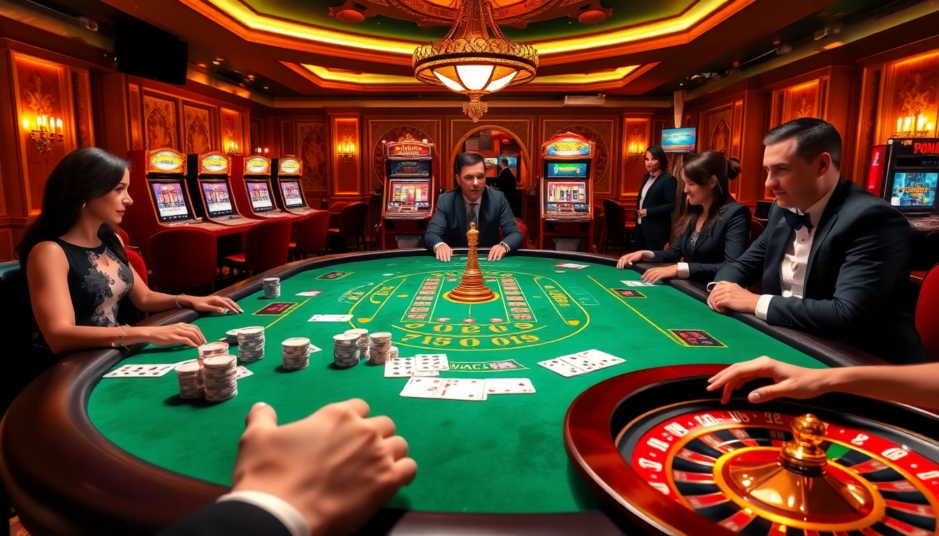 Vivez l'excitation du casino en ligne argent réel France avec des joueurs à une table de poker de luxe.