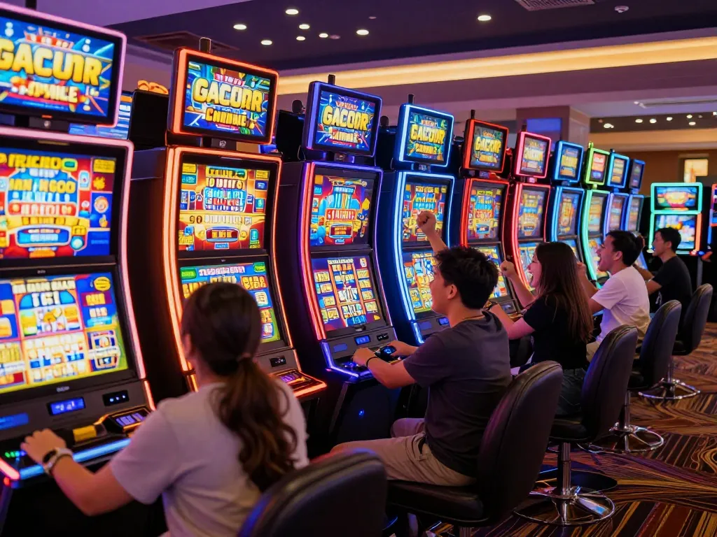 Pemain merayakan kemenangan di mesin slot gacor di kasino yang ramai, menunjukkan kegembiraan dan energi yang hidup.